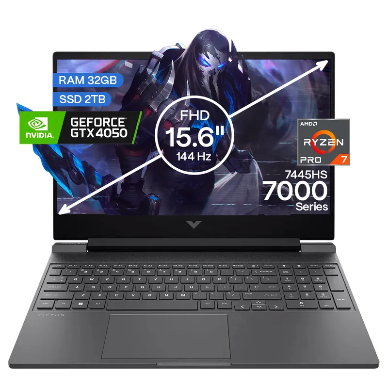 HP - Portátil Gamer Hp Victus AMD Ryzen 7 RAM 32GB SSD 2TB RTX4050 6GB FHD156 144Hz Gamer