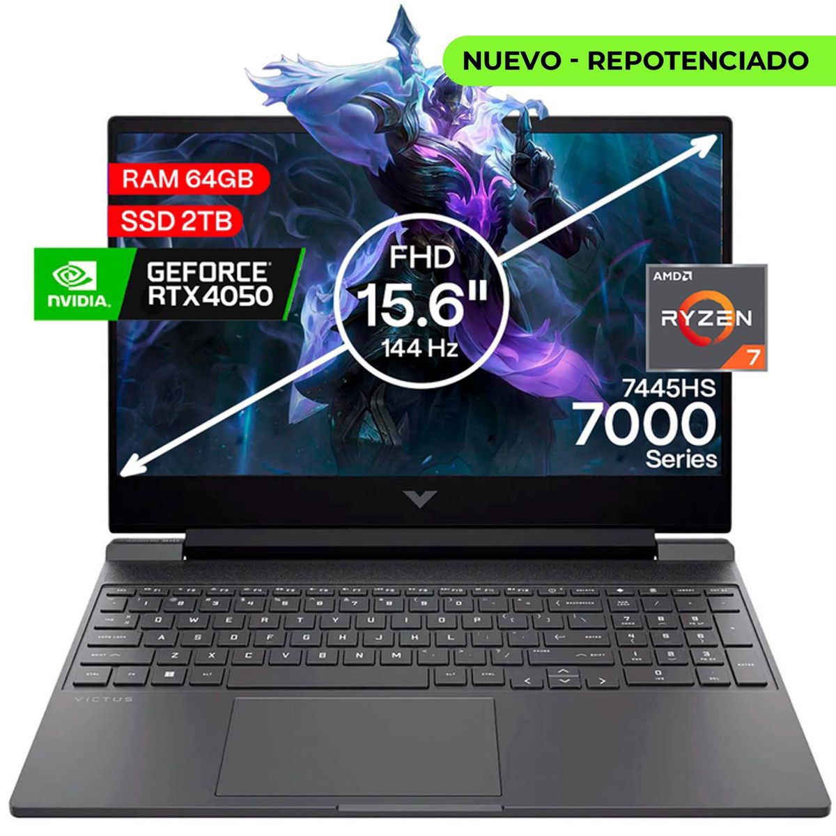 HP - Portátil Gamer Hp Victus AMD Ryzen 7 RAM 64GB SSD 2TB RTX 4050 6GB 144Hz