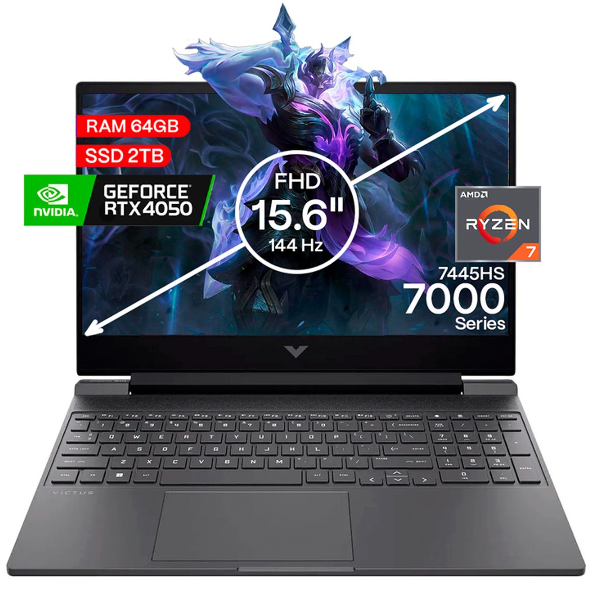 HP - Portátil Gamer Hp Victus AMD Ryzen 7 RAM 64GB SSD 2TB RTX 4050 6GB 144Hz