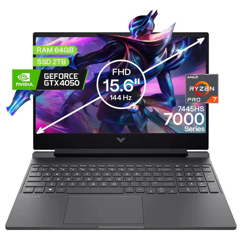 HP - Portátil Gamer Hp Victus AMD Ryzen 7 RAM 64GB SSD 2TB RTX4050 6GB FHD156 144Hz Gamer