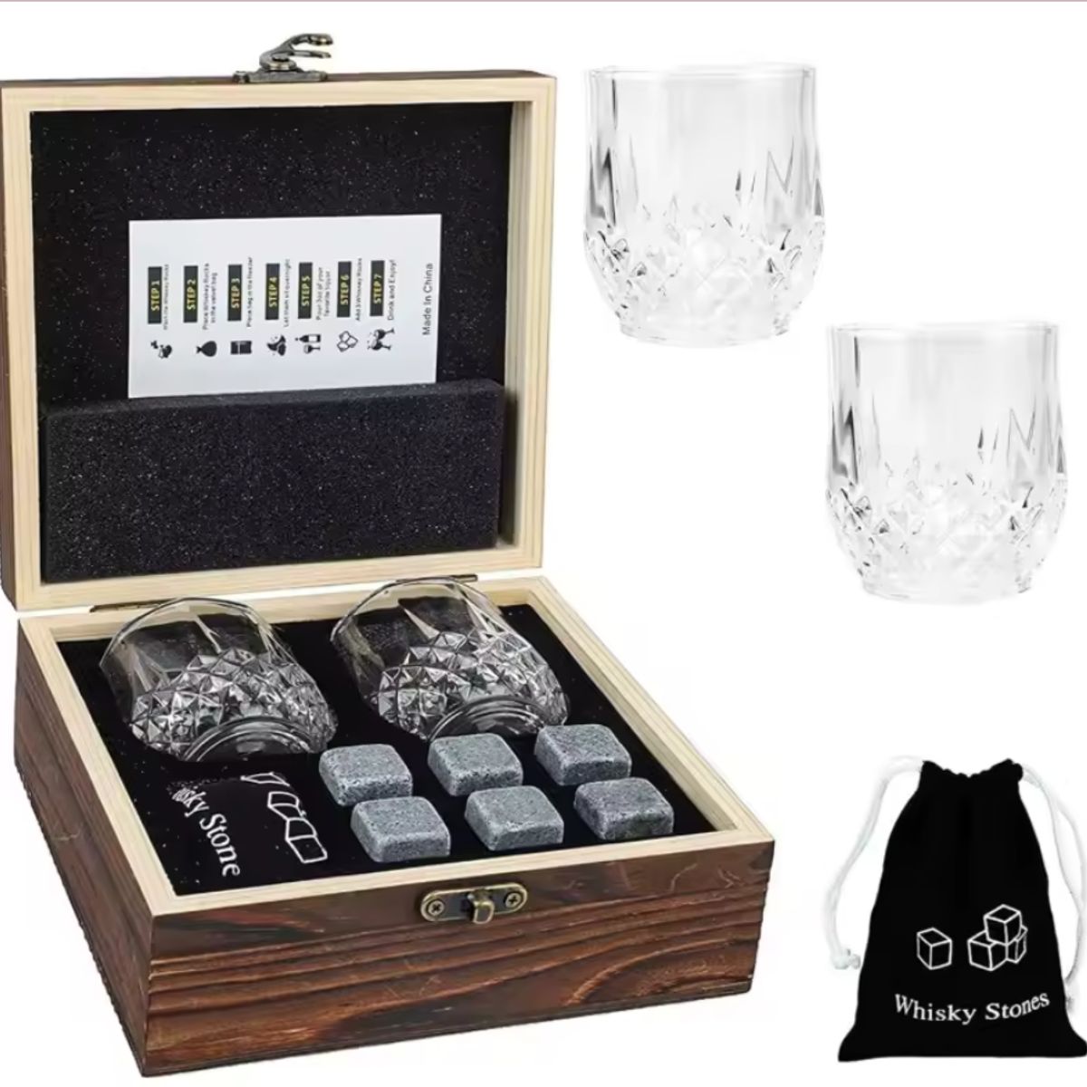 ORIGINAL HEALTH - SET REGALO PARA HOMBRES CAJA MADERA CON ACCESORIOS PARA WHISKY