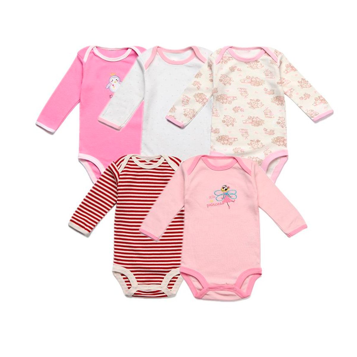 BABY KDS - Set Bodies x 5 Algodón Bebe Niña Manga Larga 0-3 Años