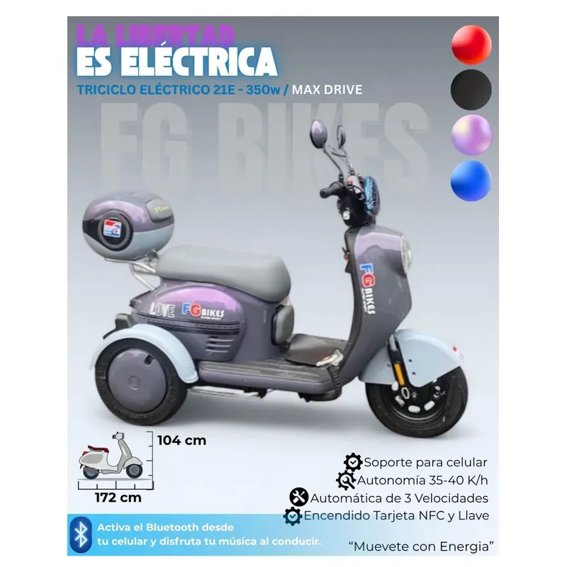 OEM - Triciclo Eléctrico 350W 3 Velocidades Bluetooth NFC 40km