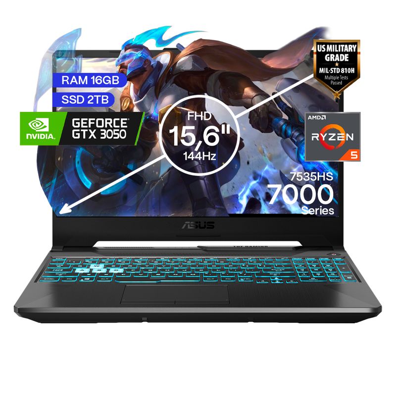 ASUS - Portátil Gamer Asus TUF AMD Ryzen 5 RAM 16GB SSD 2TB RTX3050 4GB FHD156 144Hz Gamer