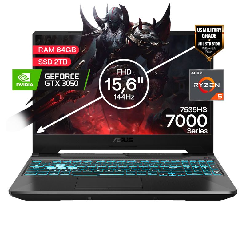 ASUS - Portátil Gamer Asus TUF AMD Ryzen 5 RAM 64GB SSD 2TB RTX3050 4GB FHD156 144Hz Gamer