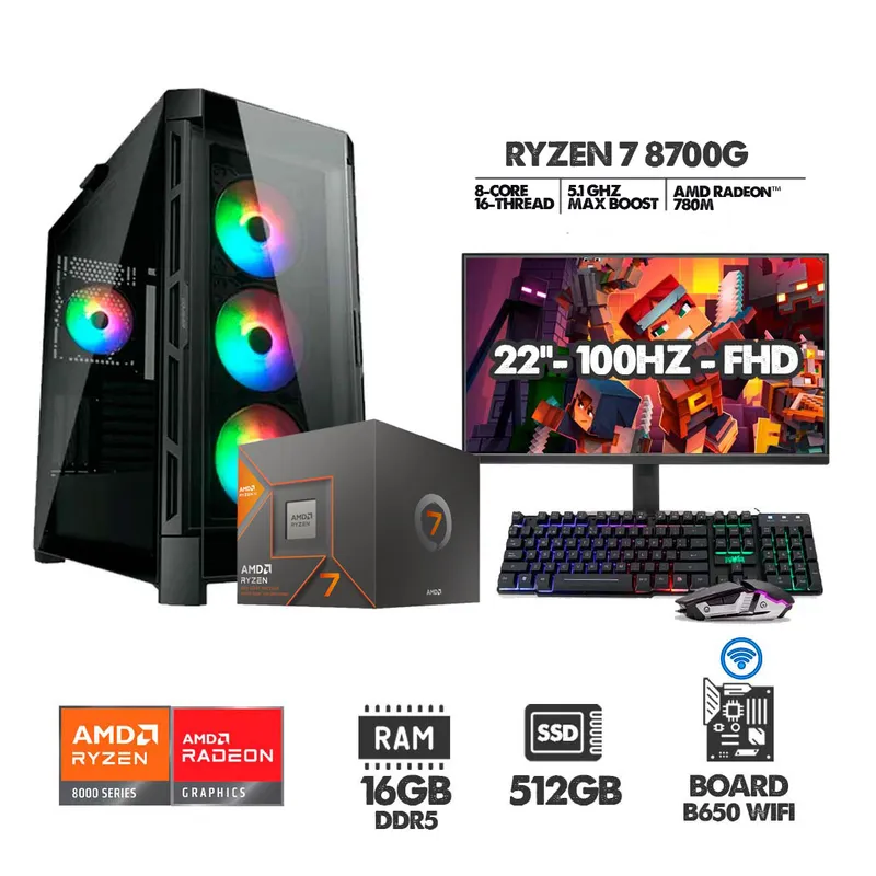 AMD - PC GAMER RYZEN 7 8700G - 16GB RAM - SSD 512GB - B650 WIFI + MONITOR 22