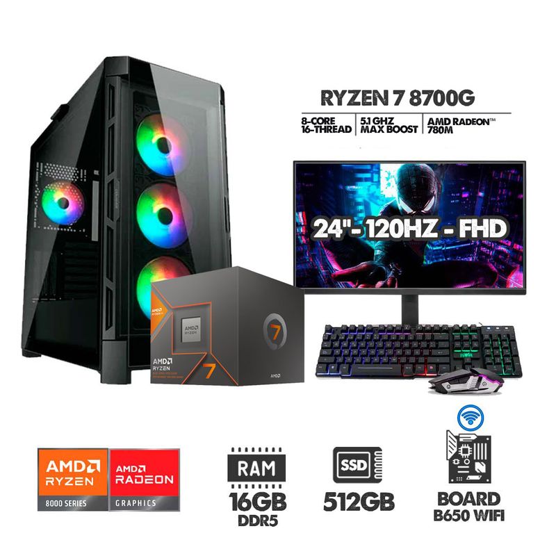 AMD - PC GAMER RYZEN 7 8700G - 16GB RAM - SSD 512GB - B650 WIFI + MONITOR 24 120HZ