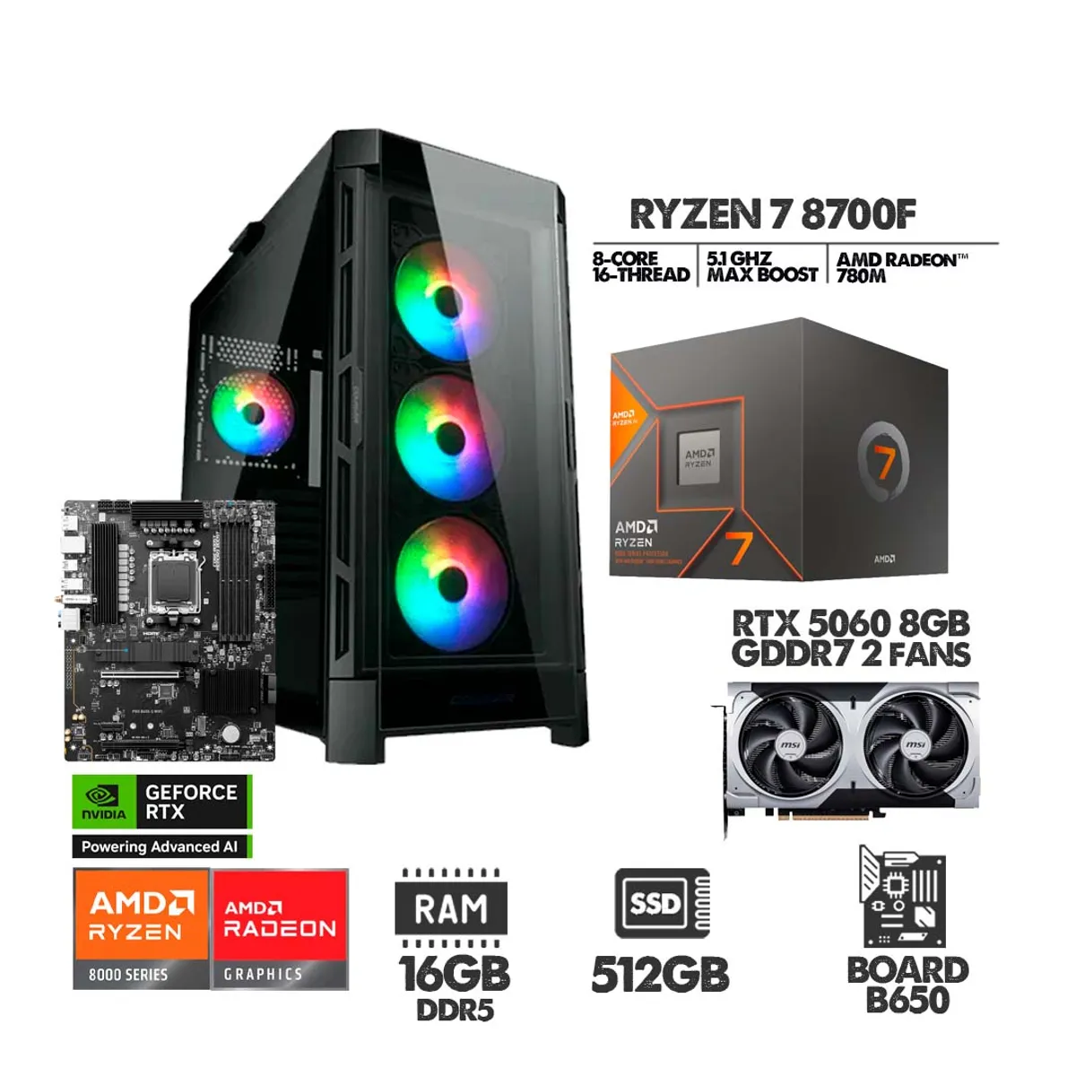 AMD - PC GAMER RYZEN 7 8700F - RTX 5060 - SSD 512GB - 16GB RAM DDR5 - CHASIS 4FANS