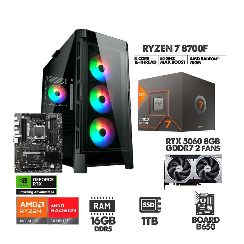 AMD - PC GAMER RYZEN 7 8700F - RTX 5060 - SSD 1TB - 16GB RAM DDR5 - CHASIS 4FANS