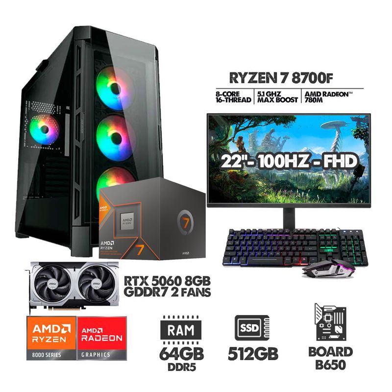 AMD - PC GAMER RYZEN 7 8700F - 64GB RAM - SSD 512GB - RTX 5060 + MONITOR 22
