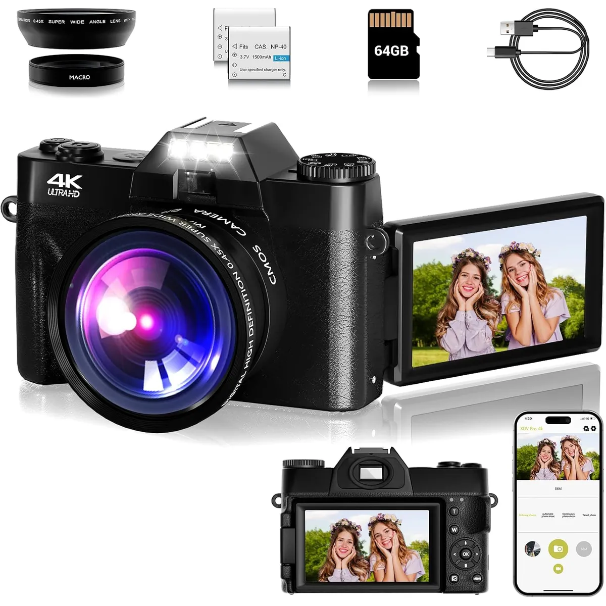 GENERICO - Cámara digital 4K para fotografía con pantalla abatible negra