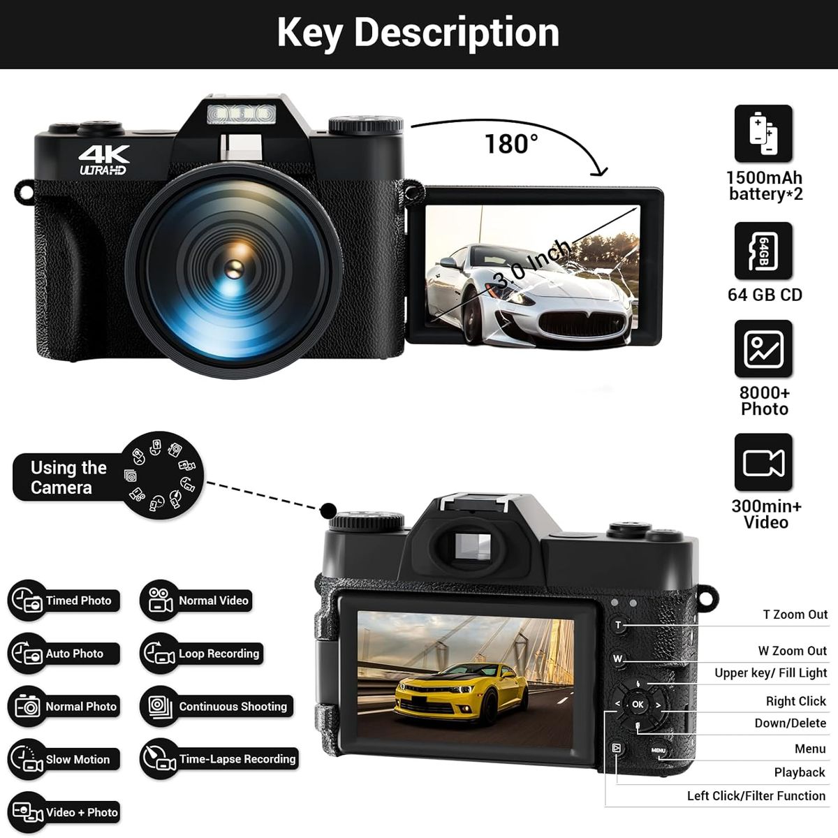 GENERICO - Cámara digital 4K para fotografía con pantalla abatible negra