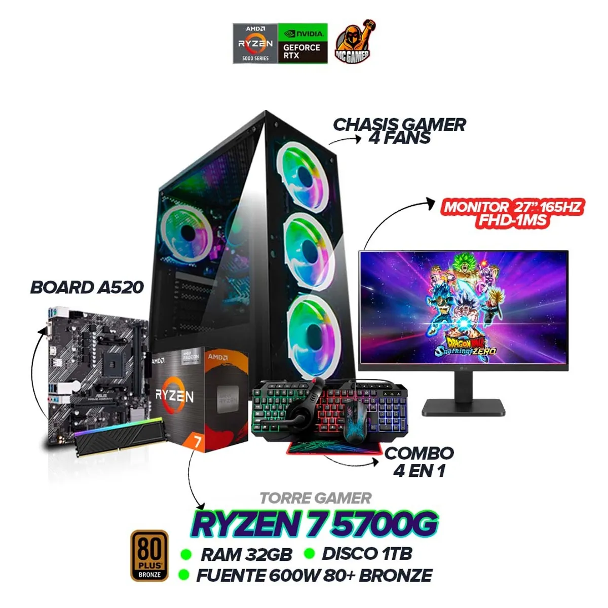 AMD - PC Gamer Ryzen 7 5700G / RAM 32GB / SSD 1TB / 600W BRZ / Monitor 27" 180Hz