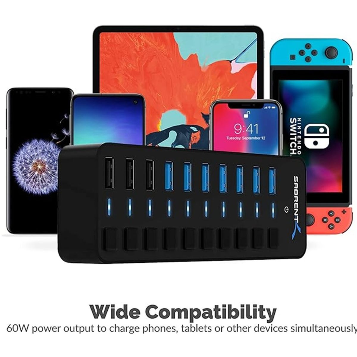 GENERICO - Hub Usb 3.0 De 60w Sabrent Con 10 Puertos Y Carga Rápida