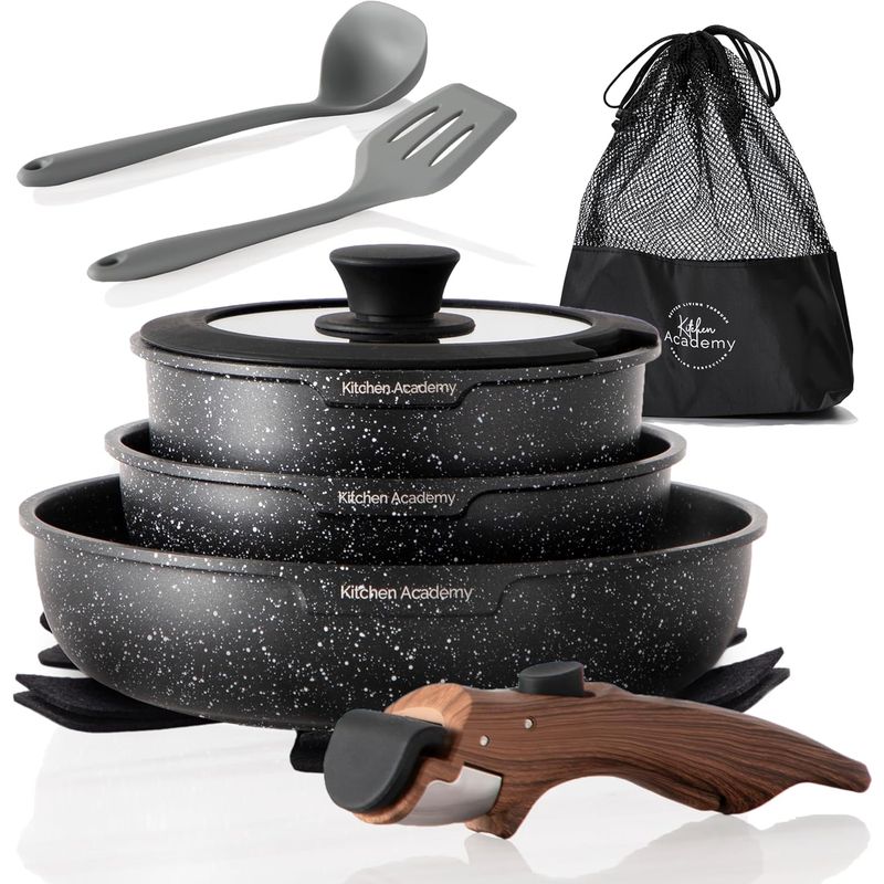 KITCHEN - Juego Ollas Antiadherentes Granito Mango Extraíble 10 Piezas