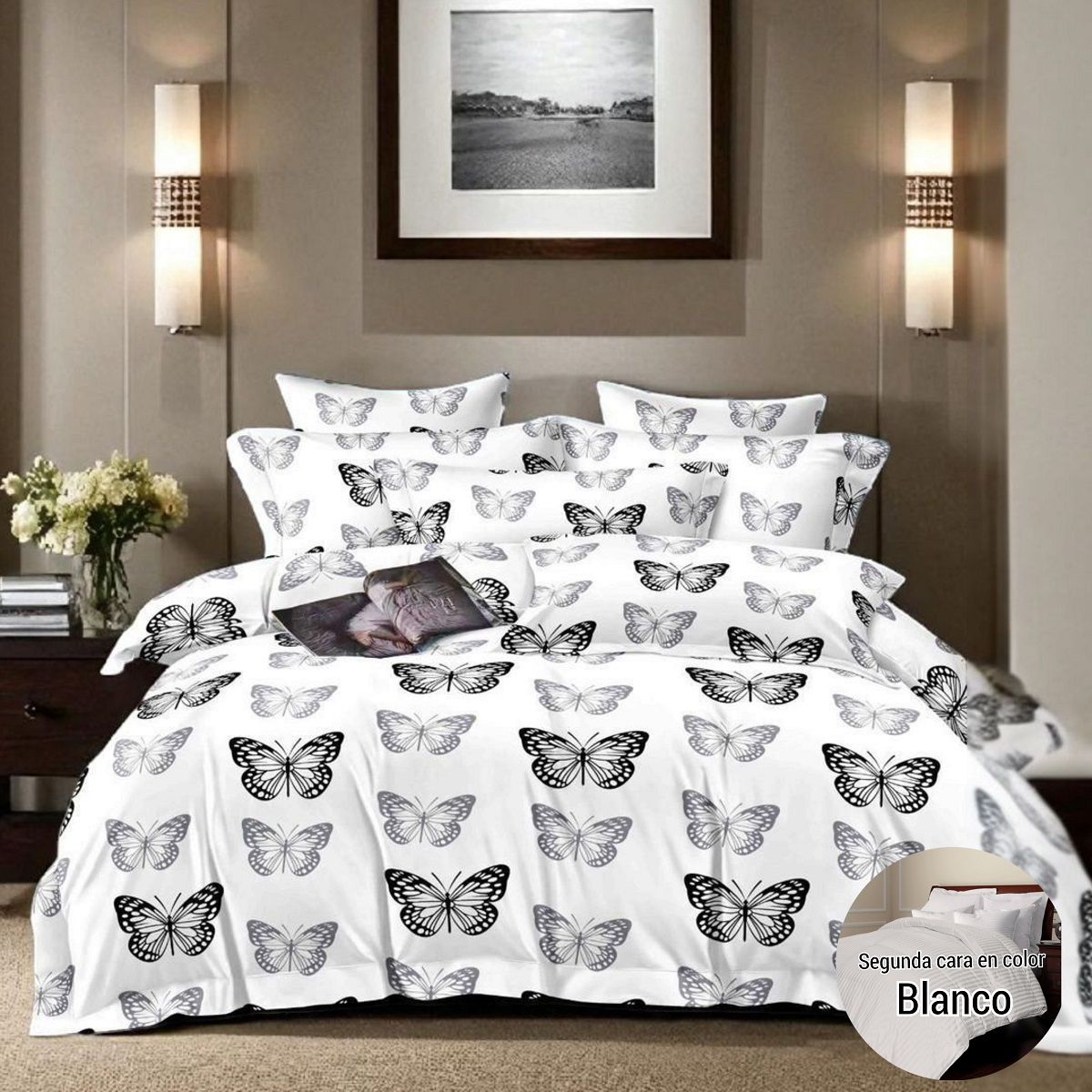 VOYPRE - Edredón Estampado - Unicolor Grueso Tamaño Doble Mariposas Gris Negras