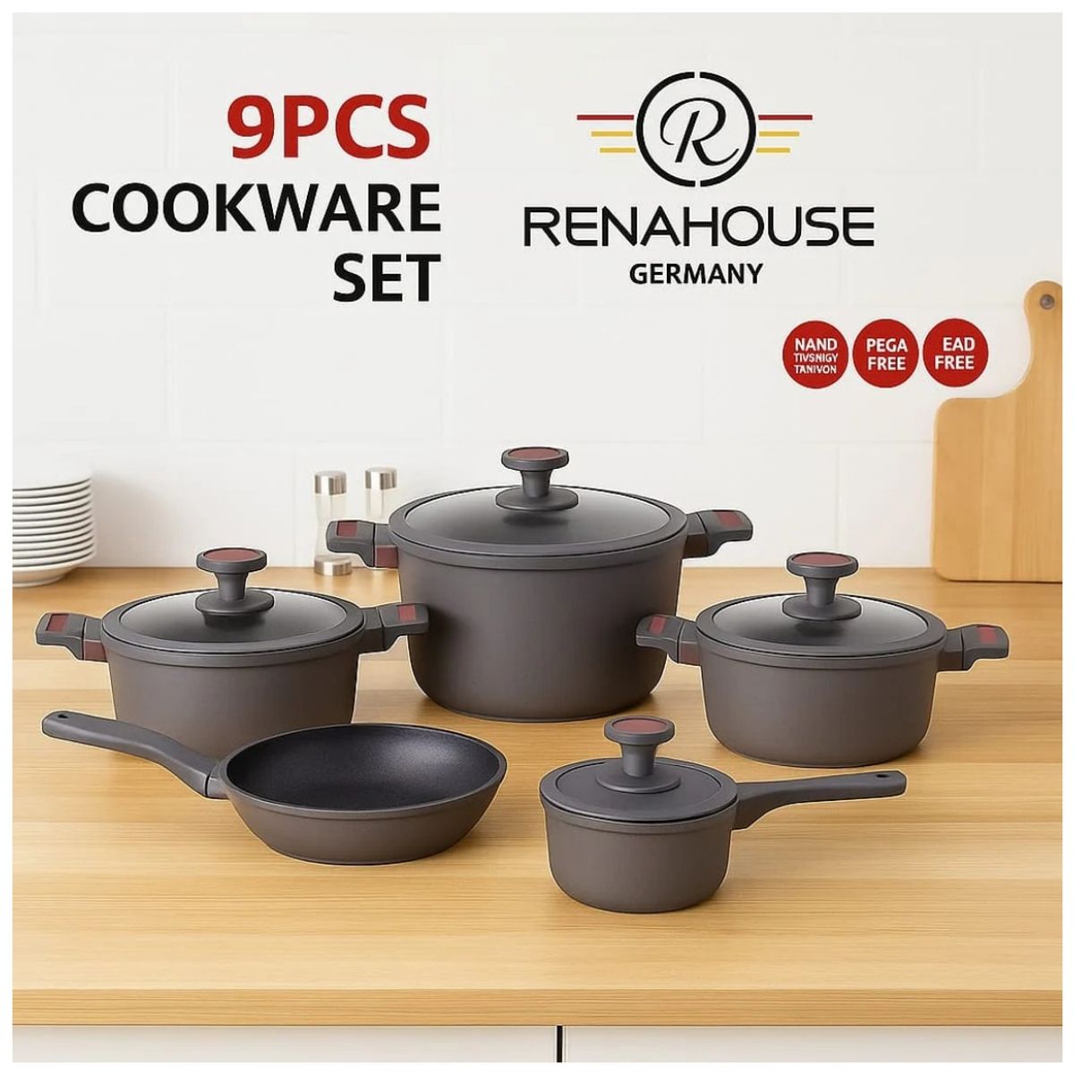 RENAHOUSE - Set Baterias De Ollas De 9 Piezas Antihaderente Renahouse