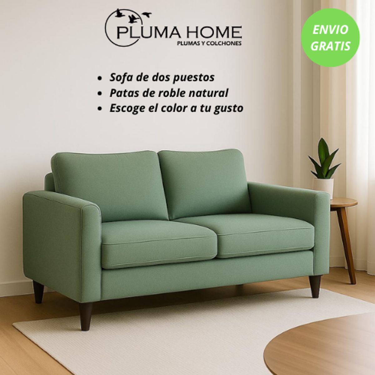 PLUMA HOME - Sofá de Dos Puestos con Patas de Roble Natural - Color Personalizable