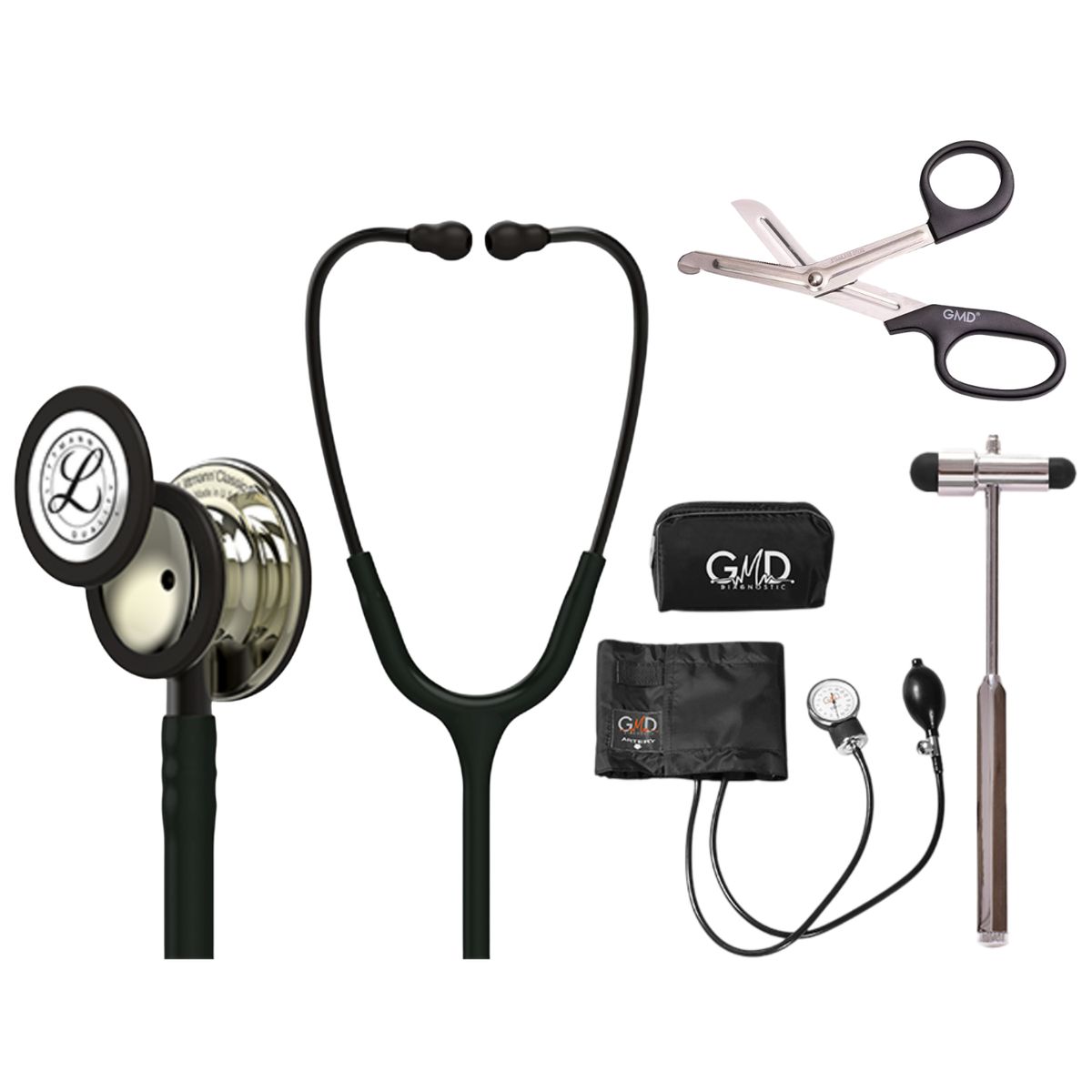 LITTMANN - Fonendoscopio Littmann Classic 3 Black Champaña 5861 + Tensiometro + Martillo + Tijera