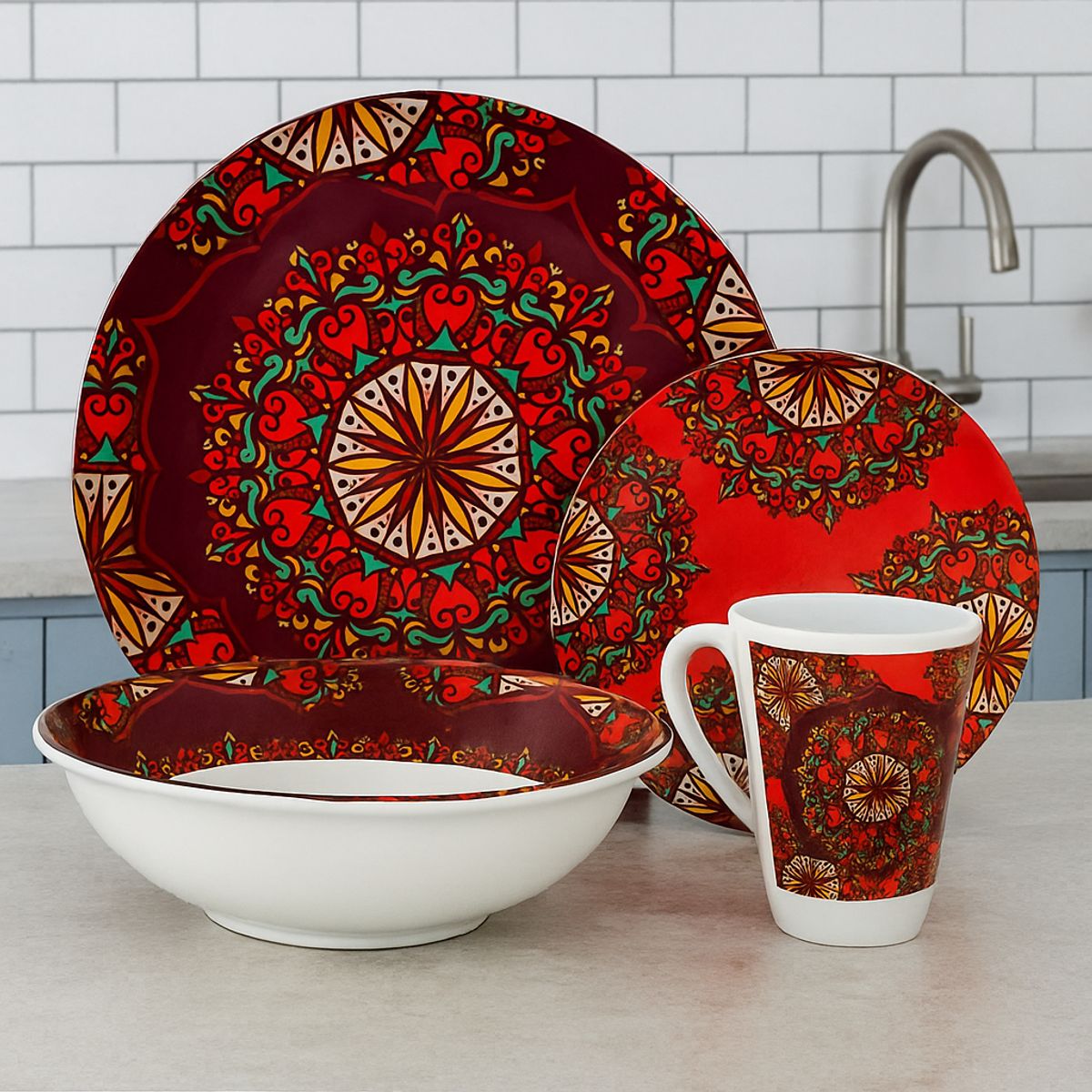 KITCHENWARE - VAJILLA EN MELAMINA CLASICA ARMONIA ROJA 16 PIEZAS