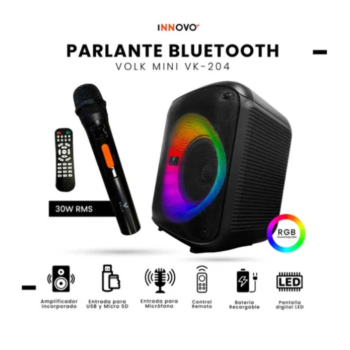 INNOVA - Parlante Volk Bluetooth Portátil 15.000 Pmpo Micrófono Rgb Recargable
