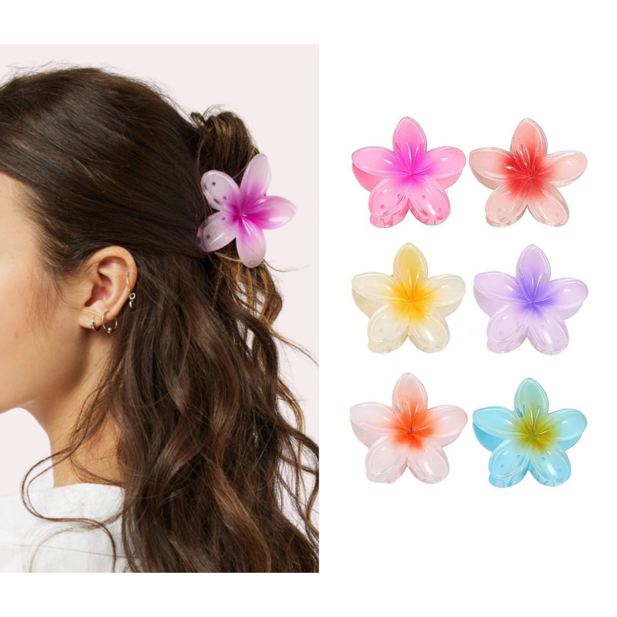 GENERICO - Set x 6 Pinza Caimán Gancho Flor Hawaiana Pelo Cabello