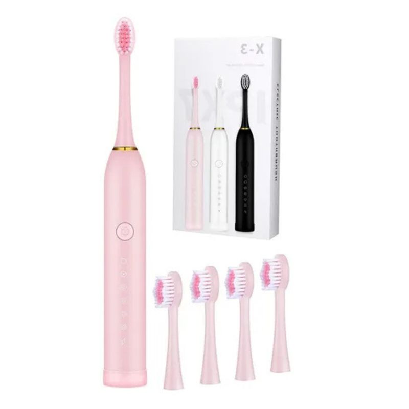 GENERICO - Cepillo Dental Eléctrico Rosa Recargable - 4 Cabezales para Limpieza Total