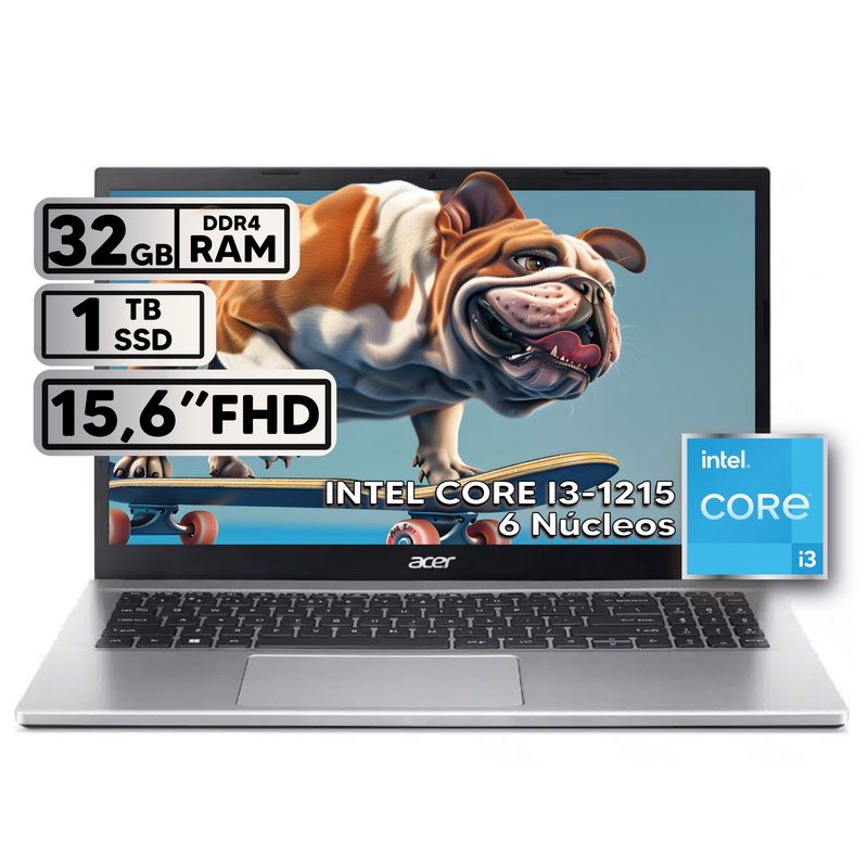 ACER - PORTÁTIL ACER INTEL CORE i3 1215U RAM 32GB SSD 1TB 156″ FHD SILVER