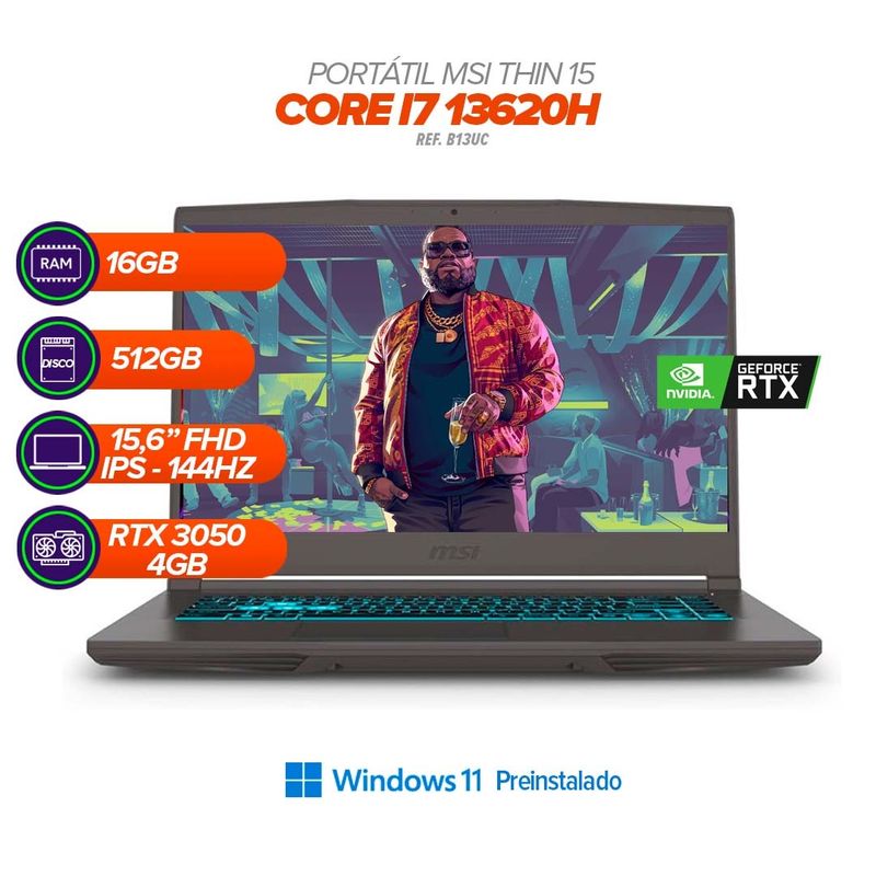 MSI - MSI Thin 15 B13UC / Core i7-13620H / 16GB RAM / SSD 512GB / RTX 3050 / 15.6” FHD 144Hz + Morral