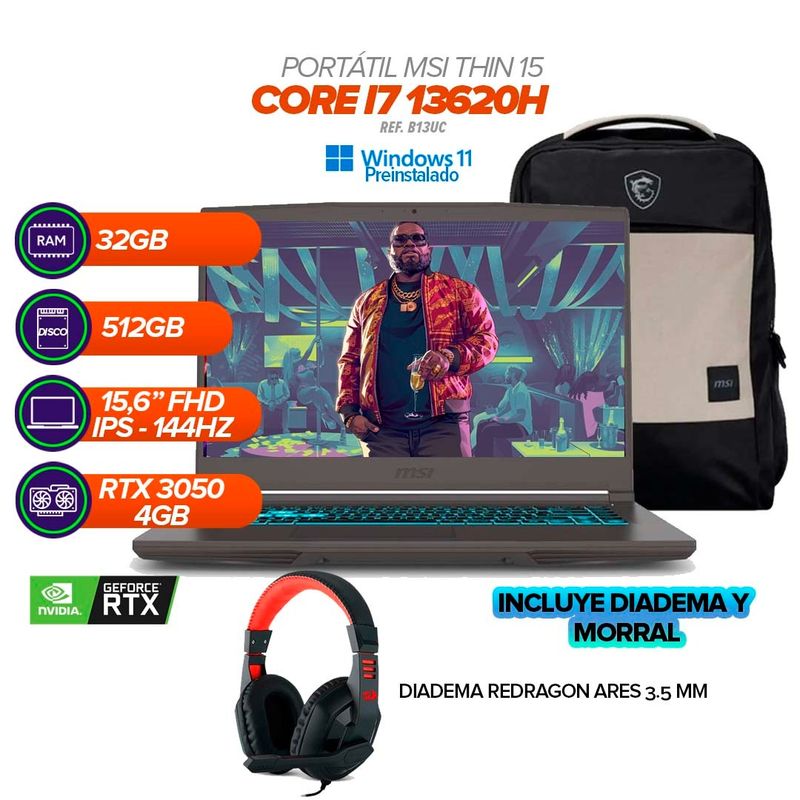 MSI - MSI Thin 15 B13UC / Core i7-13620H / 32GB RAM / SSD 512GB / RTX 3050 / 15.6” FHD 144Hz + Morral