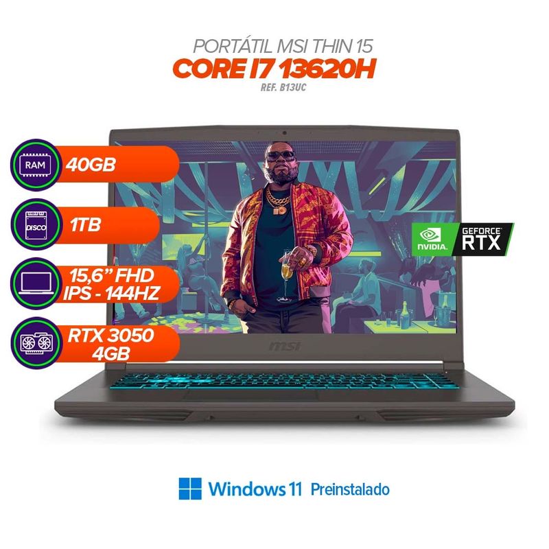 MSI - MSI Thin 15 B13UC / Core i7-13620H / 40GB RAM / SSD 1TB / RTX 3050 / 15.6” FHD 144Hz + Morral