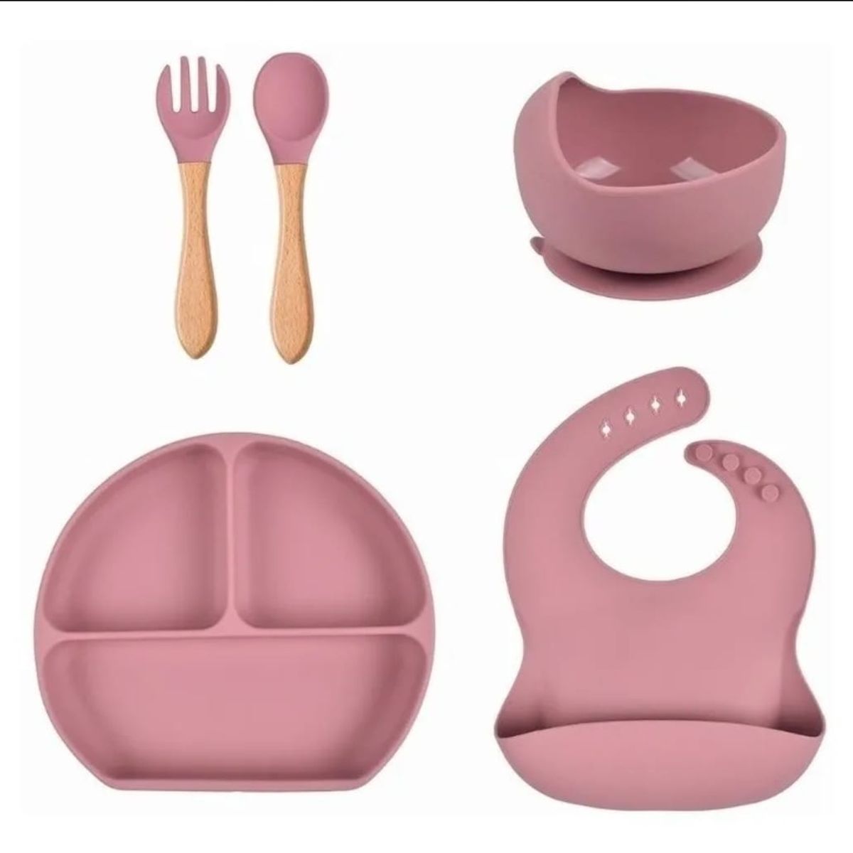 GENERICO - Vajillas para bebe BPA FREE silicona rosa cuchara tenedor