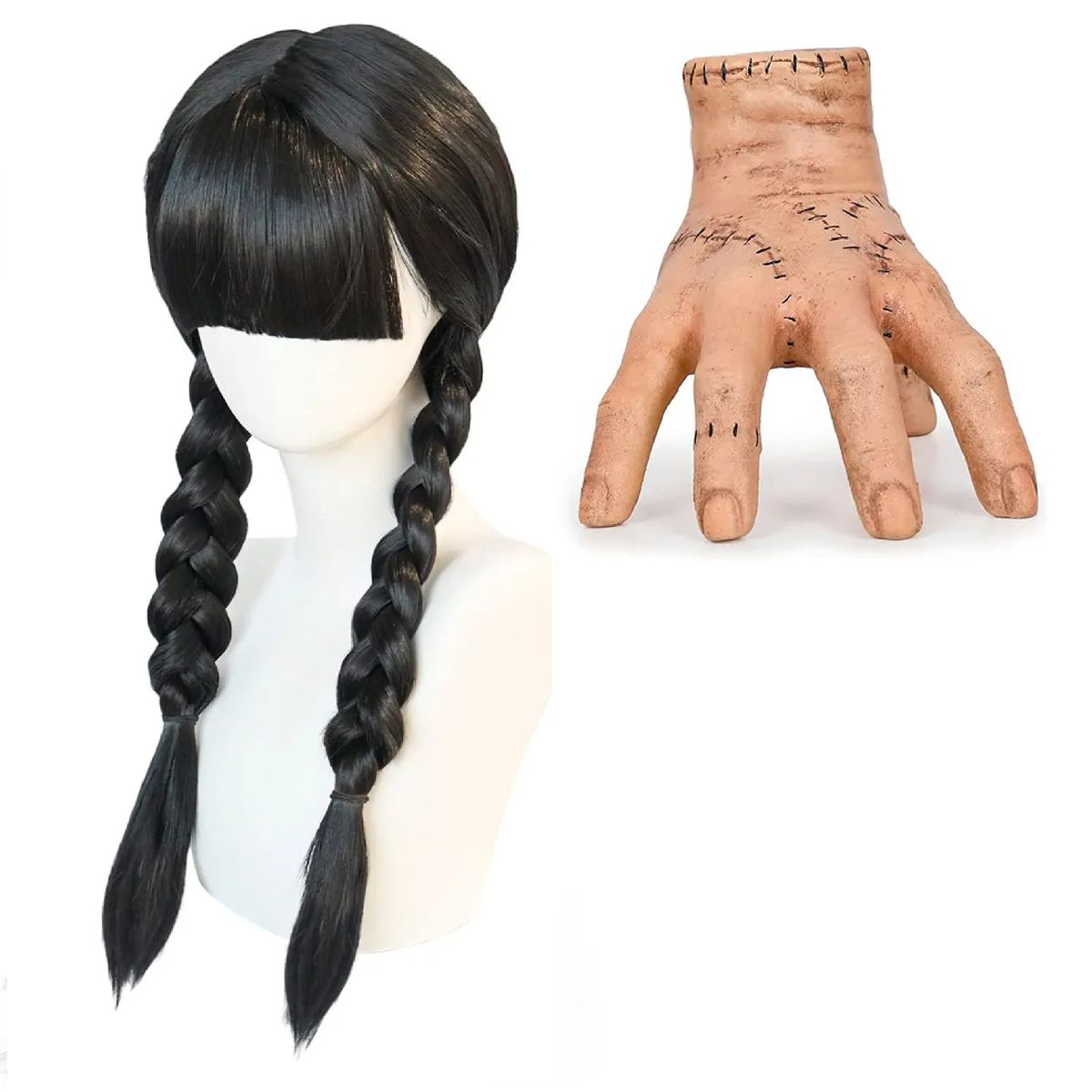 GENERICO - Kit Peluca Merlina Addams Wednesday + Mano Dedos Disfraz Hal