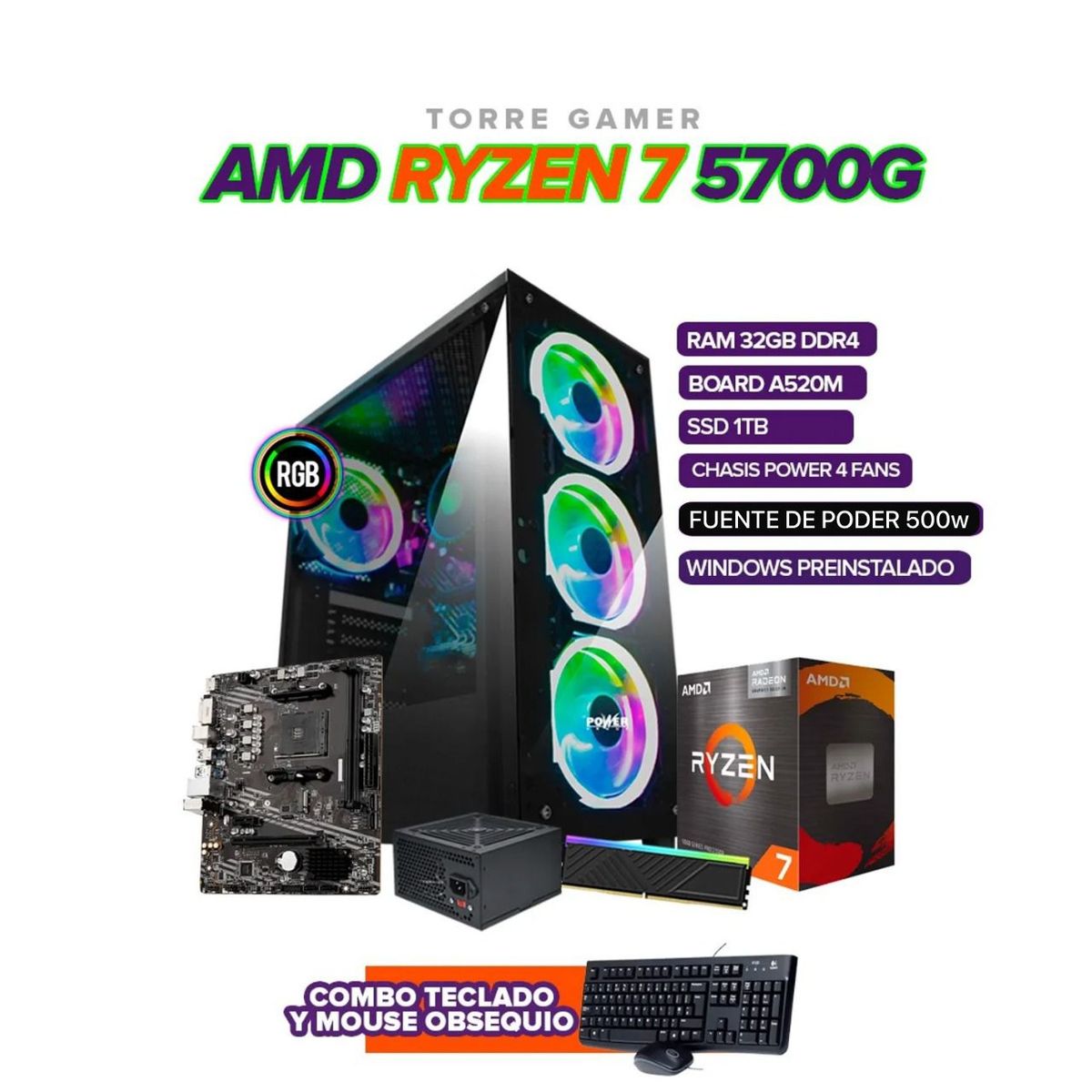 AMD - TORRE GAMER RYZEN 7 5700G/ 32GB RAM / 1TB SSD / A520M / FUENTE 500W /CHASIS 4FAN