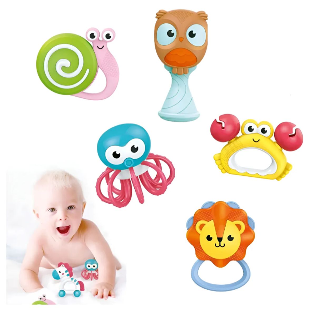 GENERICO - Set Kit De Mordedores Y Sonajeros X 5 Unidades Estimulación