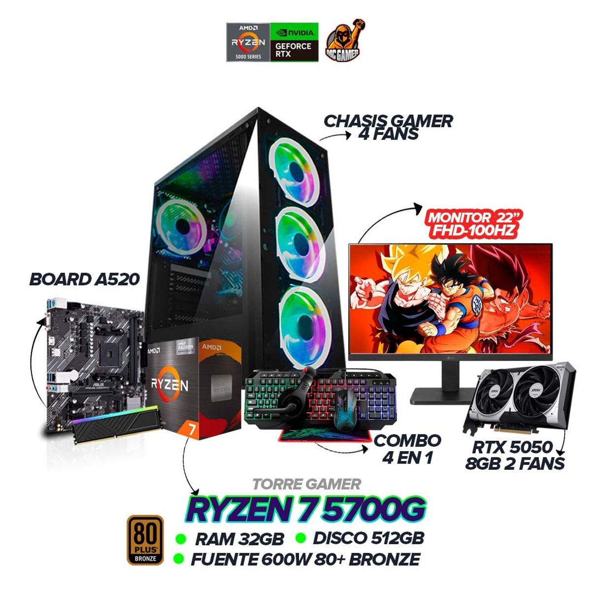 AMD - PC Gamer Ryzen 7 5700G / RTX 5050 / 32GB RAM / 512GB SSD / 600W / Monitor 22 FHD