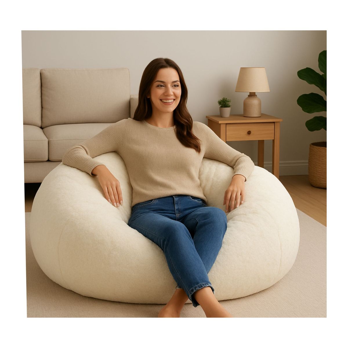 DORMIPUFF - Puff Redondo Gigante Tela Peluche Blanco Silla Cojín Dormipuff