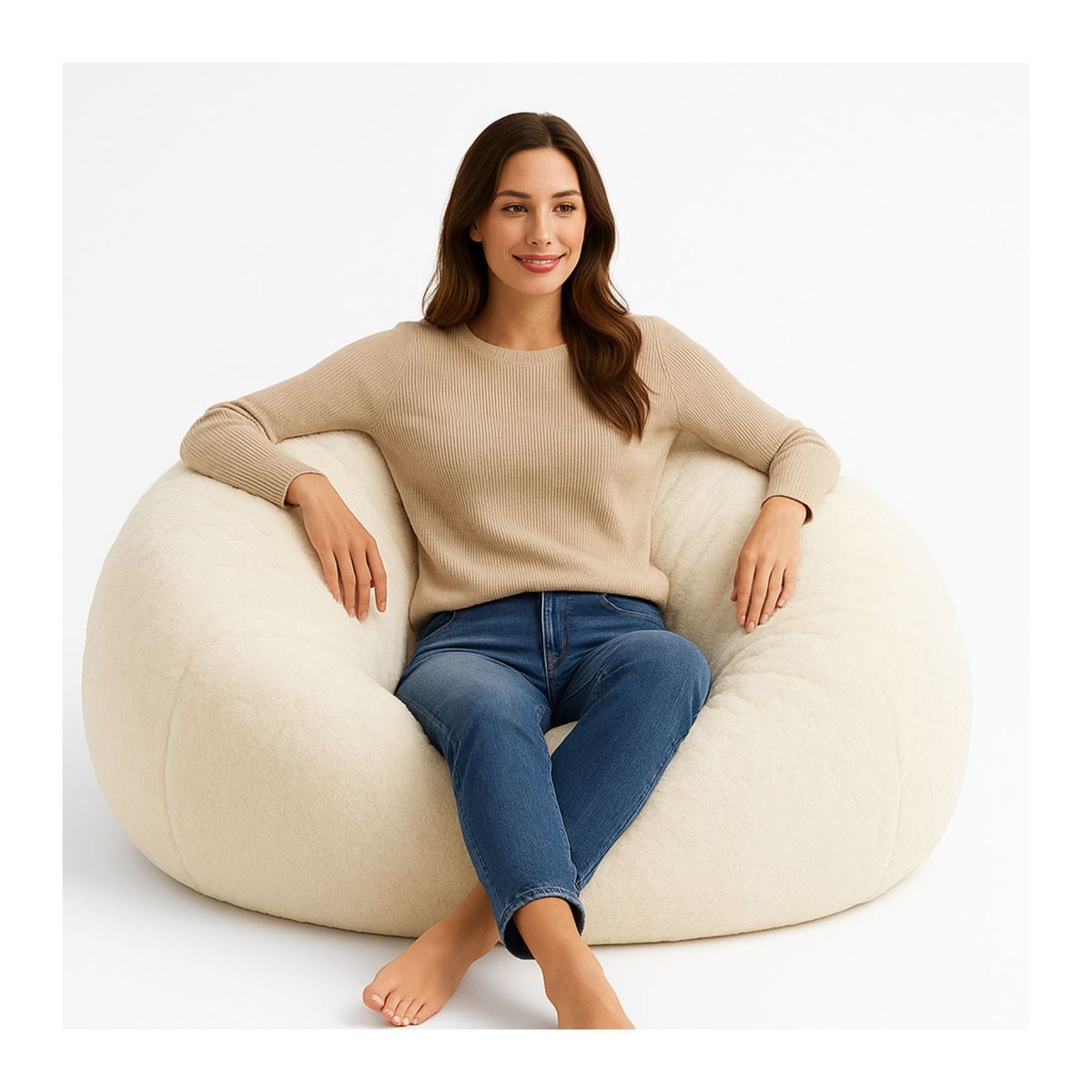 DORMIPUFF - Puff Redondo Gigante Tela Peluche Blanco Silla Cojín Dormipuff