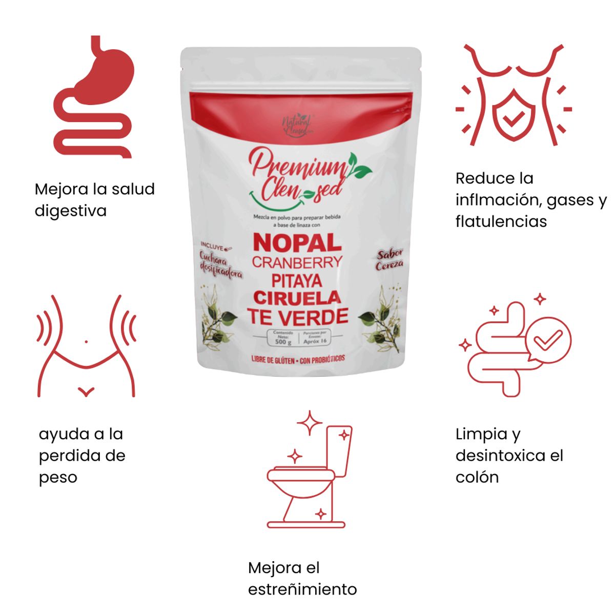 GENERICO - Fibra Premium Clen-sed con Linaza Nopal y Probióticos  Sabor Cereza 500g