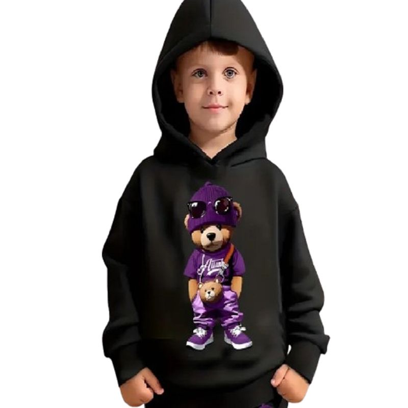 100 - Sueter Negro de Capota con Estampado de Oso