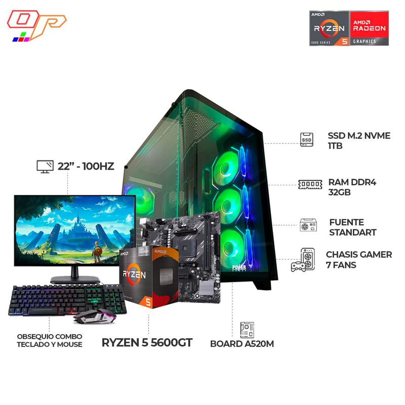 AMD - COMPUTADOR GAMER R5 5600GT+ MONITOR 22 FHD+ CASE PECERA 7FANS RAM 32GB SSD 1TB