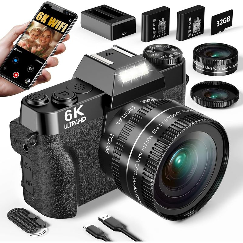 GENERICO - Cámara digital 6K pantalla abatible de 180° zoom automático vlogging