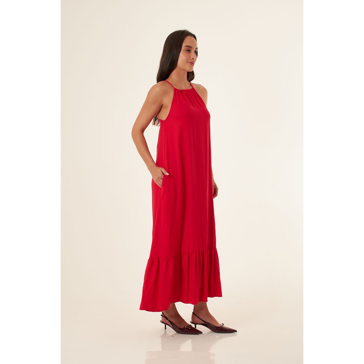 BELIFE - Vestido largo rojo tipo halter para mujer