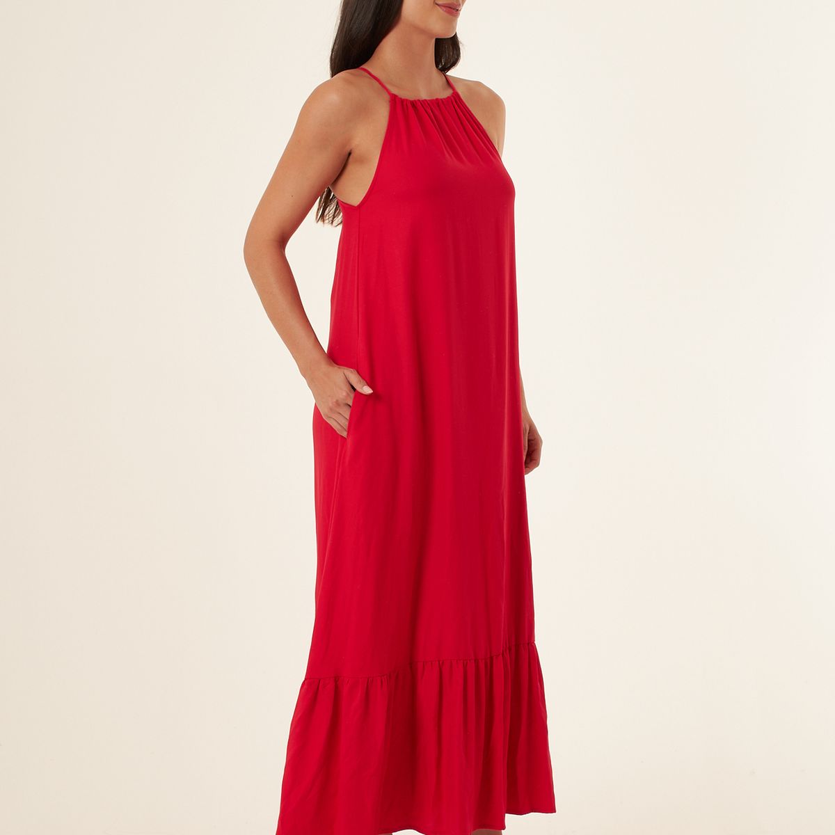 BELIFE - Vestido largo rojo tipo halter para mujer