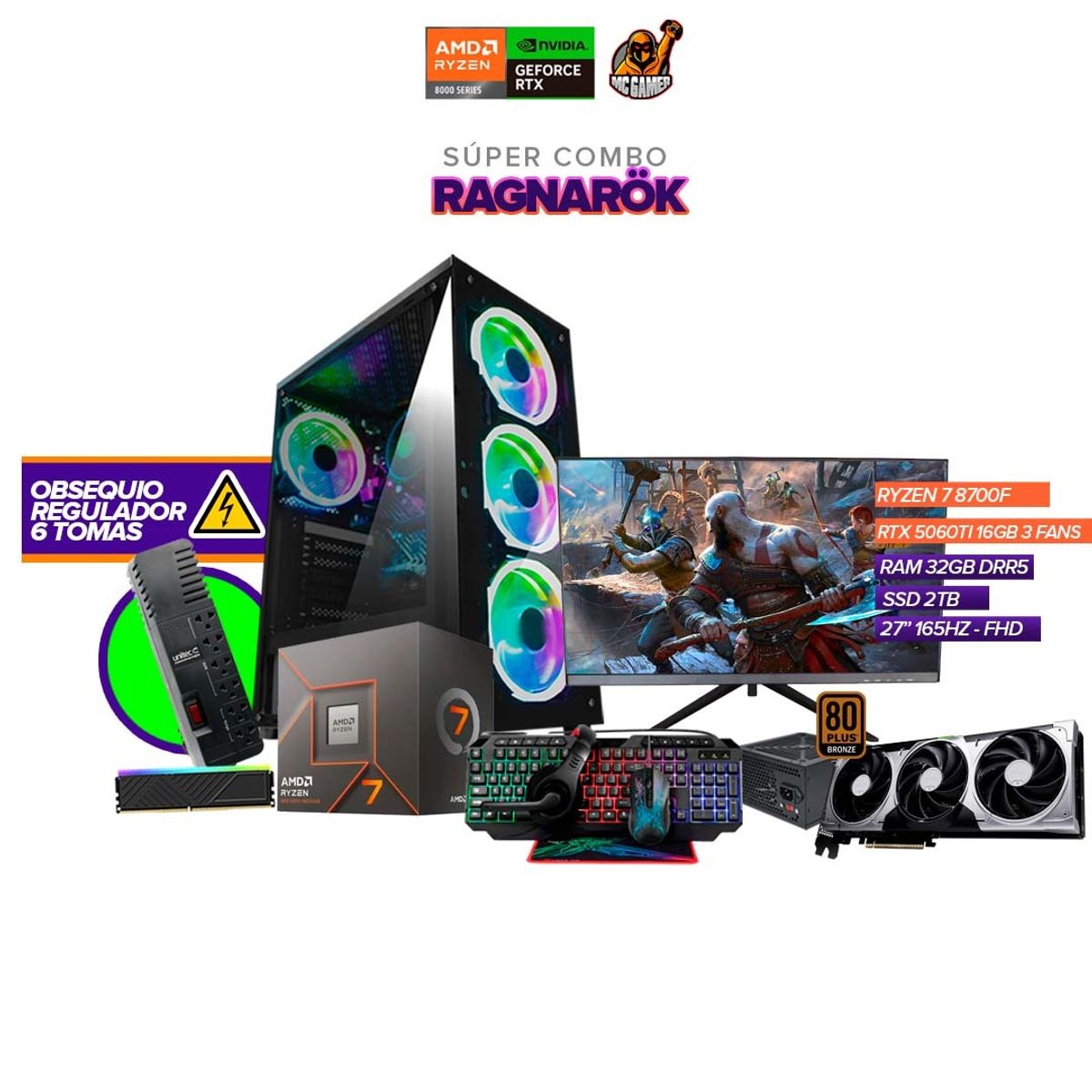 AMD - PC Gamer R7 8700F / RTX 5060 TI / 32GB RAM / 2TB SSD / B650M / 600W / 27"165hz