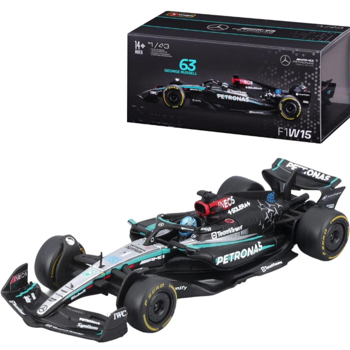 BURAGO - Carro F1  RUSSELL 63 mercedes  F1W15  (2024)   Caja Acrílico 143 COLECCIÓN
