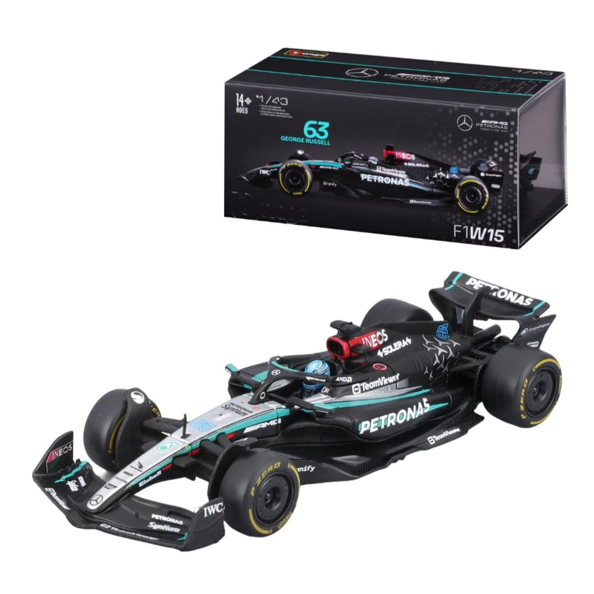 BURAGO - Carro F1  RUSSELL 63 mercedes  F1W15  (2024)   Caja Acrílico 143 COLECCIÓN
