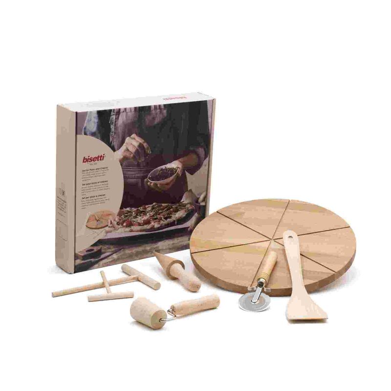 BISETTI - Set de 7 utensilios para pizza y crepes Bisetti en madera y acero