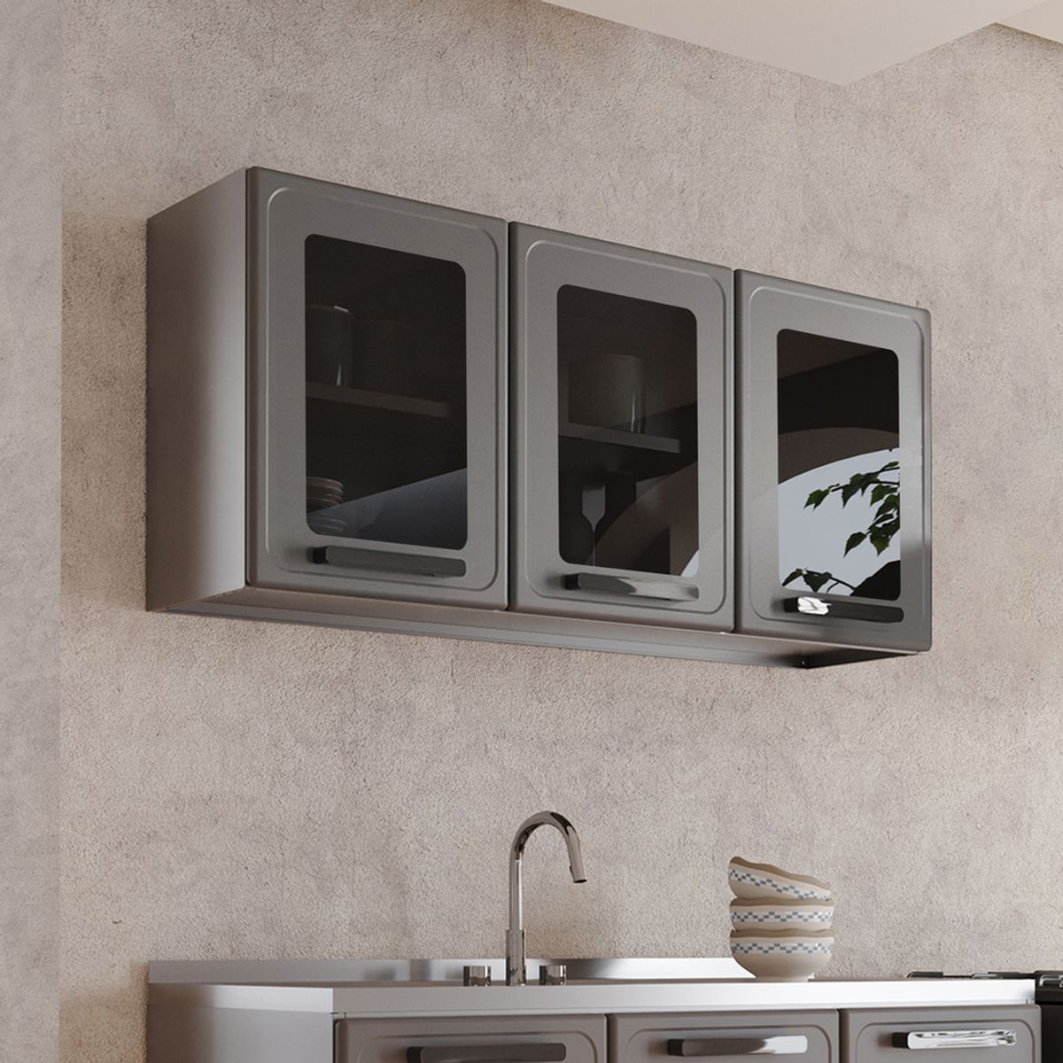 BERTOLINI - Gabinete superior de cocina 120cm en Acero 3 puertas Con Vidrio Gris