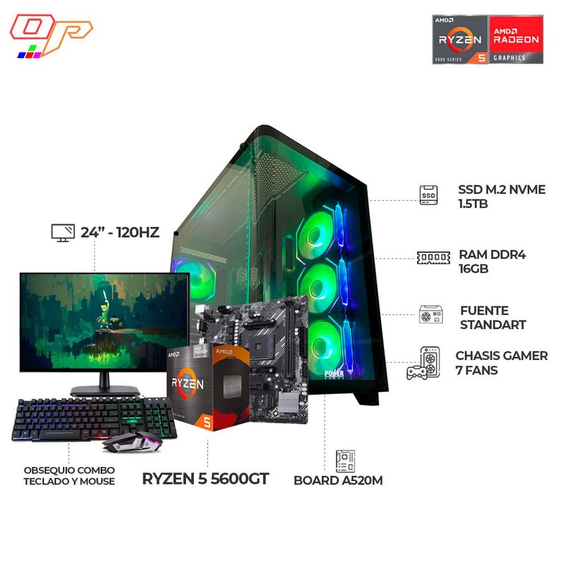 AMD - PC GAMER R5 5600GT+ MONITOR 24 120HZ- CASE PECERA 7FANS RGB- RAM 16GB- SSD 1.5TB